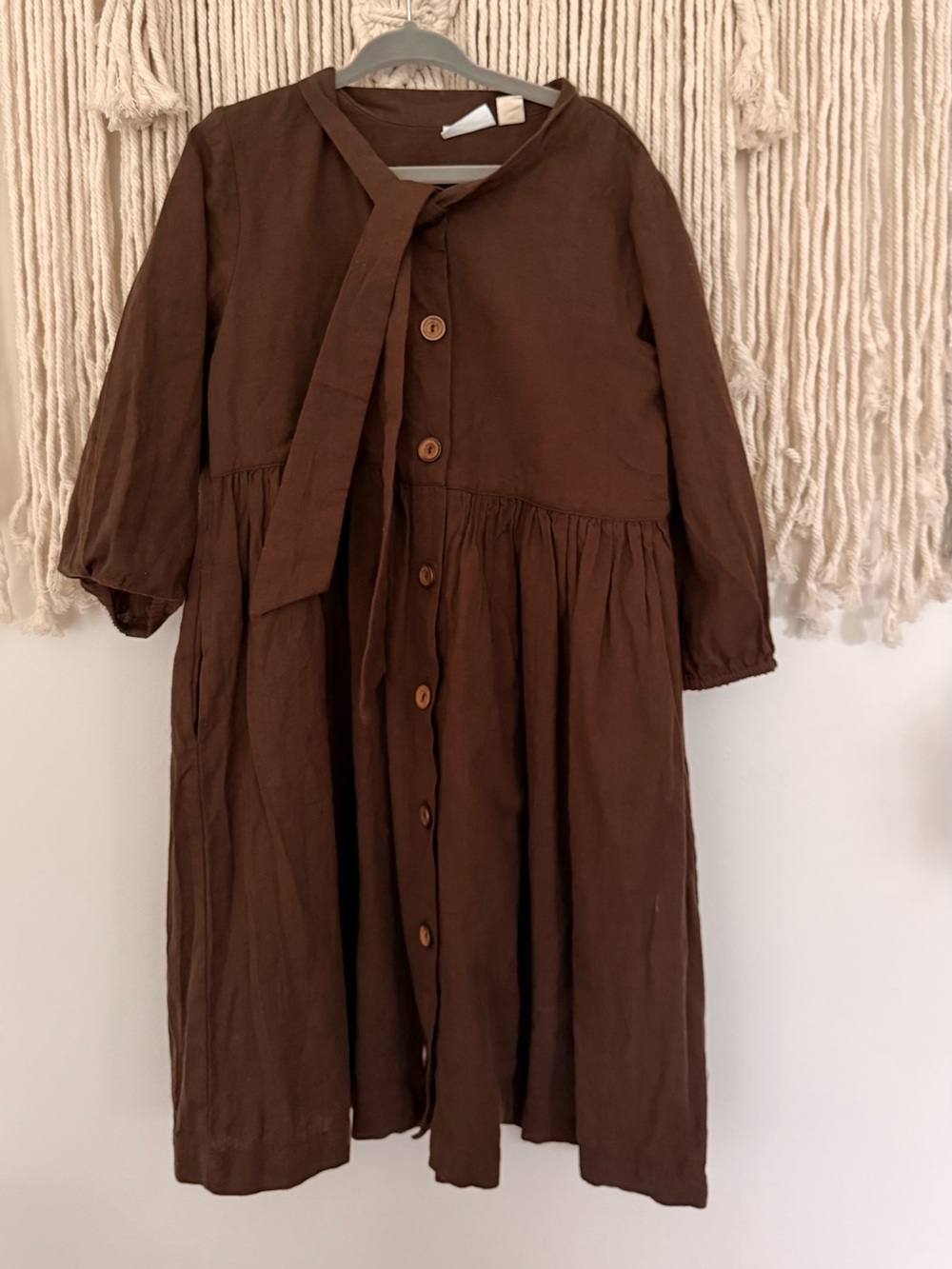 Girls' Button-Front Brown Tie-Neck Casual Dress